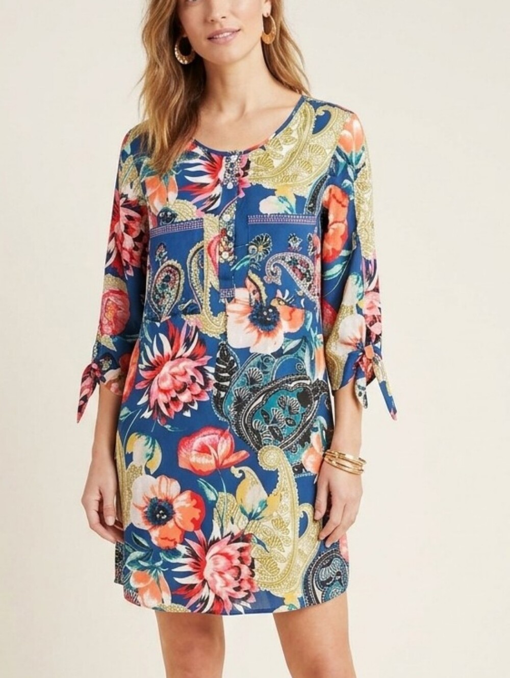 FIG AND FLOWER Anthropologie Boho Floral Paisley Tunic Dress M Mixed Print